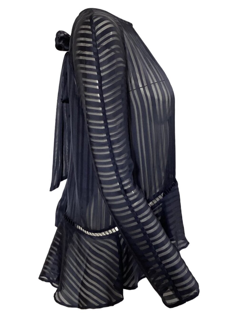Zimmerman Dark Navy Blue Sheer Striped Peplum Blouse with Bow Small - Picture 3 of 11